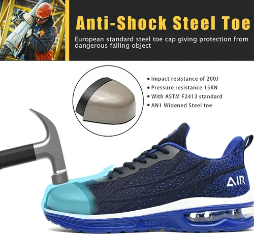 Vista 2 de HiHatide - Zapatos con punta de acero para hombre, zapatos de trabajo, zapatos de seguridad, con amortiguación de aire, ligeros, antideslizantes