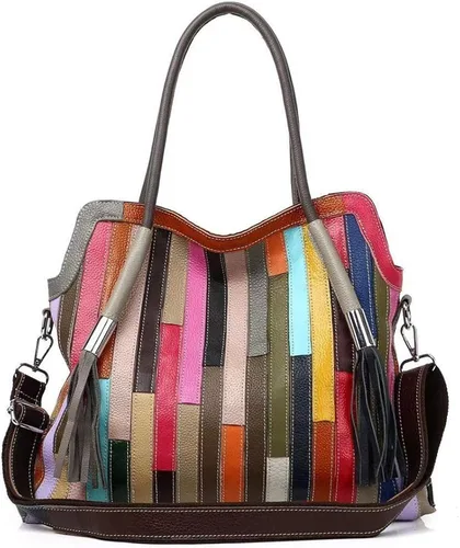 Vista 3 de Bolso Boston multicolor para mujer, de cuero genuino, colorido, grande, bolso de mano