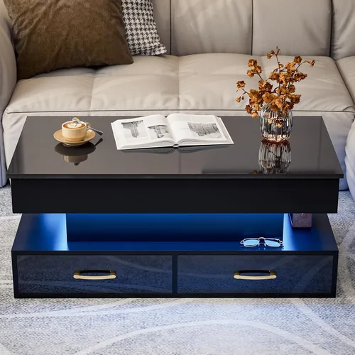 Vista 3 de IKIFLY Mesa de Centro Moderna con Tapa Elevable, Alto Brillo con Luces LED de 16 Colores, Tapa Elevable con 2 Cajones y Compartimento Oculto