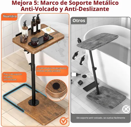 Vista 6 de Mesa de TV para sofá, altura ajustable/giro de 360°/diseño de panel abatible de 180°, mesa auxiliar lateral en forma de C, mesa lateral para brazo