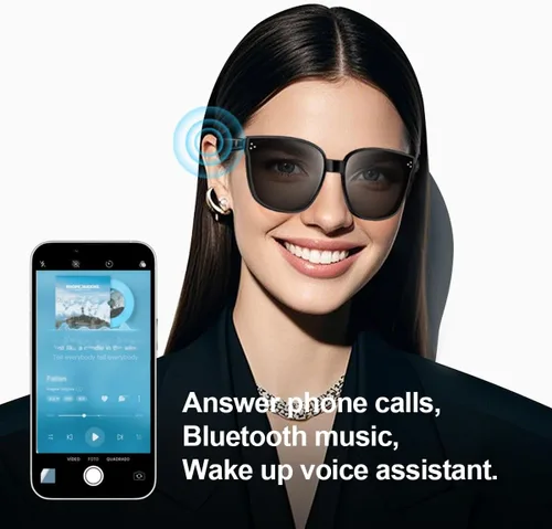 Vista 3 de Gafas de sol inteligentes Bluetooth, gafas de audio, lentes de nailon, micrófono y altavoz incorporados, protección UV, asistente de voz
