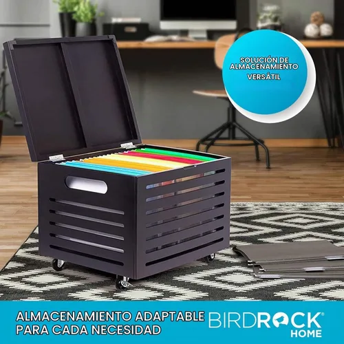 Vista 2 de BIRDROCK HOME Caja organizadora de almacenamiento de archivos rodante de bambú con tapa, archivador decorativo sobre ruedas, caja de archivos