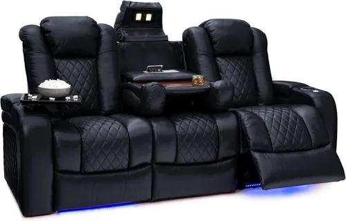 Vista 9 de Seatcraft Euphoria - Asiento de cine en casa de cuero italiano negro, reposacabezas eléctrico con calefacción y masaje, sofá biplaza reclinable