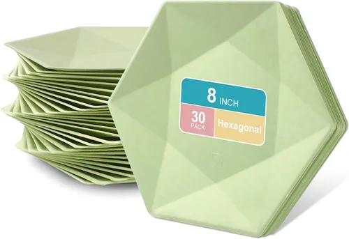 Vista 13 de Paquete de 30 platos de papel desechables de 8 pulgadas, platos de papel hexagonal azul, platos de postre 100% biodegradables para bodas
