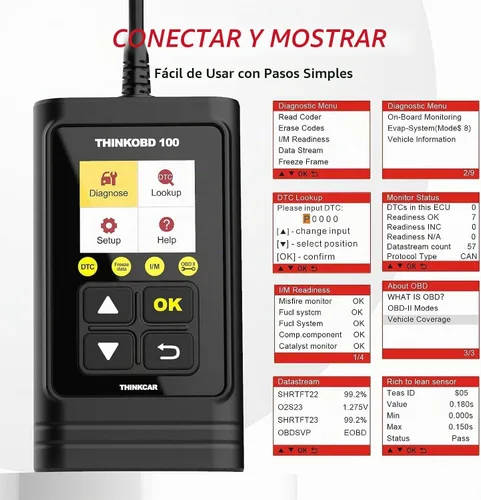 Vista 5 de Escáner de Coche OBD2 THINKCAR, Lector de Códigos de Falla del Motor THINKOBD100 con Funciones OBD II Completas, Sensor O2, Herramienta de Escaneo