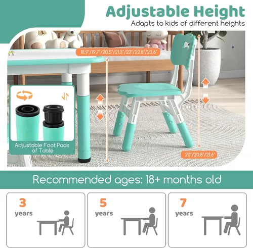 Vista 3 de Costzon Juego de mesa y 4 sillas para niños, escritorio y sillas para niños pequeños de altura ajustable con escritorio de graffiti, patas Verde
