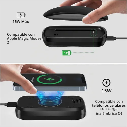 Vista 2 de HONKID Estación de carga inalámbrica para Magic Mouse 2, teléfono móvil QI y AirPods, carga de doble cara, base de carga inalámbrica 3 en 1, cable