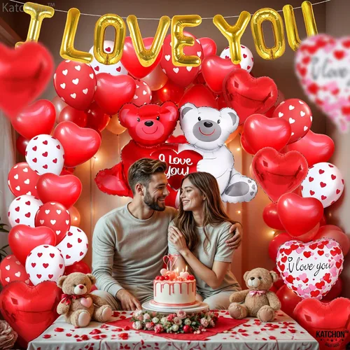 Vista 4 de KatchOn, Teddy Bear - Juego de globos con texto en inglés "I Love You", paquete de 55, 2000 pétalos de rosa roja con globos de corazón rojo