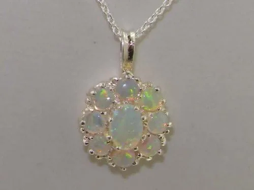 Vista 4 de Ladies Solid 925 Sterling Silver Natural Fiery Opal Large Cluster Pendant Necklace