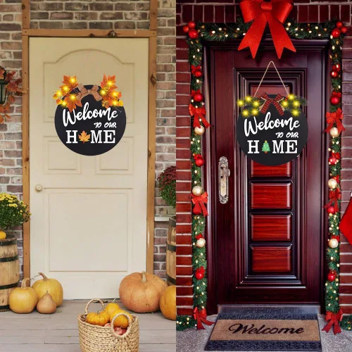 Vista 3 de Señal intercambiable de bienvenida a casa, decoración de puerta delantera con 4 coronas de temporada y 21 iconos intercambiables, colgador de madera