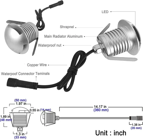 Vista 9 de 6 lámparas LED subterráneas impermeables de 3W DC12-24V DC 280LM para pozo subterráneo, emisión lateral, luz LED horizontal de aluminio direccional