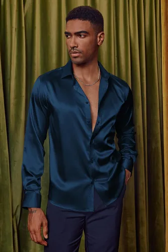 Vista 3 de PJ PAUL JONES Camisa de vestir de satén brillante para hombre, camisa de seda con botones de manga larga y pajarita