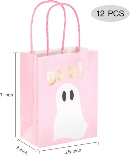 Vista 2 de WRAPAHOLIC Paquete de 12 pequeñas bolsas de regalo de papel kraft de Halloween de 7 pulgadas, bolsa de regalo de papel de aluminio dorado y fantasma