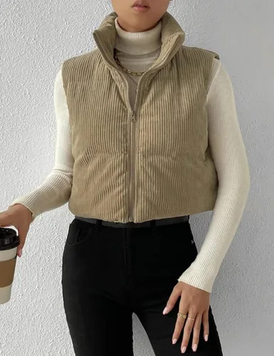 Vista 2 de Gihuo Chaleco acolchado de pana para mujer, con cuello alto, con cremallera, acolchado, sin mangas, chaleco