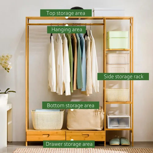 Vista 4 de Multifunctional Bamboo Clothes Rail Stand with Hanging Rod,Sturdy Freestanding Coat,Garment Rack,Open Wardrobe for Bedroom Hallway,Clothing Hanger