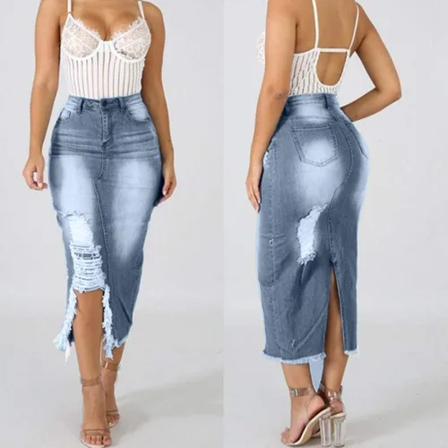 Vista 2 de Falda midi de mezclilla para mujer, sexy, desgastada, elástica, entallada, con abertura alta, entallada, entallada, entallada, con cintura alta