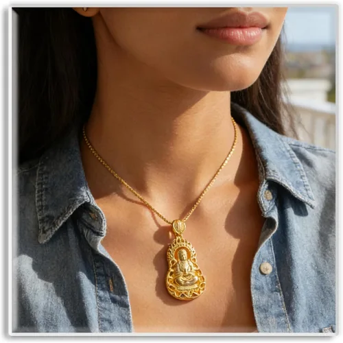 Vista 7 de Xusamss Collar de Buda Guan Yin chapado en oro de 18 quilates, 24 pulgadas