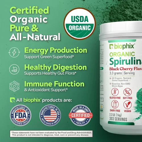Vista 5 de biophix Polvo orgánico de espirulina de 2.2 libras, sabor a cereza negra, superalimento rico en proteínas, rico en nutrientes, potente antioxidante