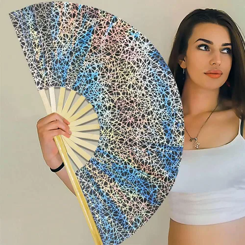 Vista 5 de Ventilador de mano plegable de bambú holográfico con funda para hombresmujeres, ventilador de mano para EDM, festival de música, club, extraño
