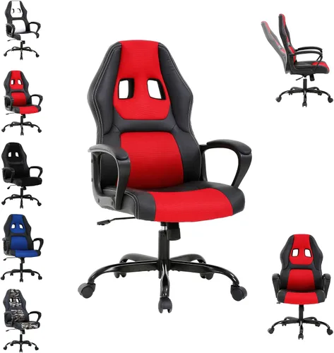 Vista 9 de Silla ergonómica para juegos de PC, silla de computadora con respaldo alto, soporte lumbar, ajustable, giratoria, de piel sintética, silla de Azul