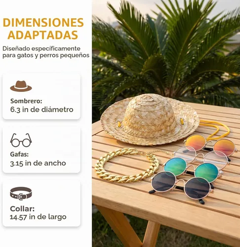 Vista 3 de 6 piezas de disfraz de perro y gato, lentes de sol retro para mascotas, collar de cadena dorada ajustable y sombrero de paja, accesorios divertidos