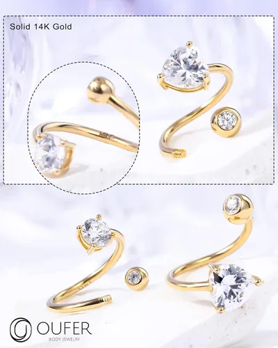 Vista 7 de OUFER Aretes de hélice torcida de 16G, anillo de labios de circonita cúbica transparente en forma de corazón de oro sólido de 14 quilates, joyería