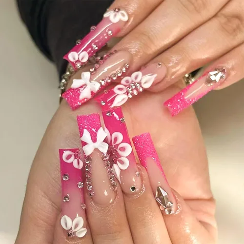 Vista 19 de Uñas postizas a presión con punta francesa cuadrada larga con arco 3D, diseños de línea de copo de nieve, uñas de invierno, uñas a presión