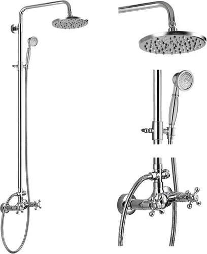 Vista 12 de gotonovo Juego de llave de ducha expuesta para baño, accesorio de ducha con cabezal efecto lluvia de 8 pulgadas, ducha de mano, mango en cruz Dorado