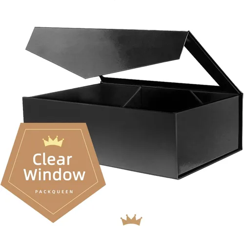 Vista 7 de PACKQUEEN Caja de regalo grande negra con ventana, 13.5 x 9 x 4.1 pulgadas, caja de regalo transparente para regalo, contiene cinta, tarjeta, caja