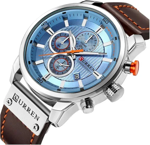 Vista 2 de Reloj deportivo con cronógrafo para hombre, correa de cuero marrón, reloj de cuarzo, reloj de pulsera casual para hombre, Completo negroacero.