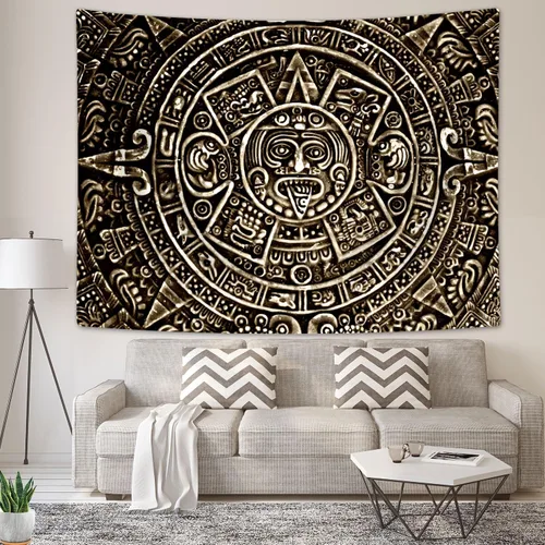 Vista 5 de Tapiz maya azteca para colgar en la pared, vista cercana de la historia del antiguo calendario azteca de la civilización maya, decoración artística