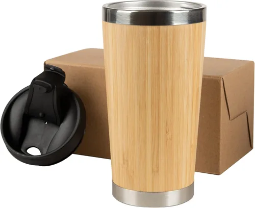 Vista 6 de Taza de viaje de bambú de acero inoxidable, tapa a prueba de derrames y taza de café aislada de 16 onzas