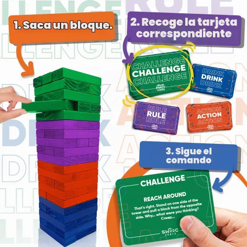 Vista 3 de SWOOC Games - Ultimate Party Tower™ - 100 Comandos Originales, 60 Bloques, y Miles de Divertidas Combinaciones de Reglas - Una Vuelta Divertida a