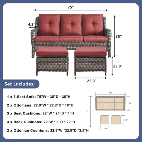 Vista 17 de Rilyson Sofá de mimbre para patio al aire libre, sofá de ratán de 3 asientos con asientos profundos y cómodos cojines para porche exterior, terraza