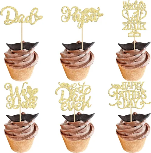 Vista 10 de 24 adornos para cupcakes con temática de sombrero para el Día del Padre, con purpurina azul, mejores selecciones de cupcakes para papá, decoraciones