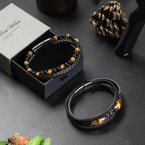 Vista 3 de Pulsera de cuero negro de ojo de tigre para hombre, piedra preciosa de ojo de tigre natural, joyería hecha a mano, pulsera de protección