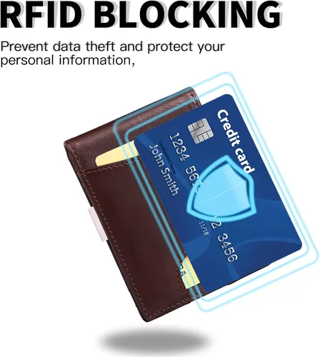 Vista 3 de SENDEFN Carteras delgadas de cuero para mujer, tarjetero con bloqueo RFID, billetera plegable pequeña, Zz-café, Minimalista