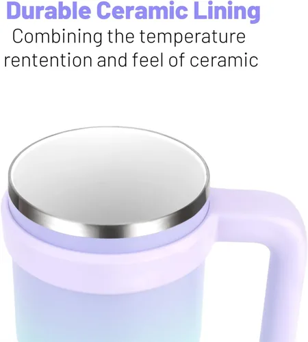 Vista 2 de Zukro - Vaso aislado con forro de cerámica de 20 onzas con asa y pajilla, diseño a cuadros No Metal Taste, Double Wall Stainless Steel Coffee Cup