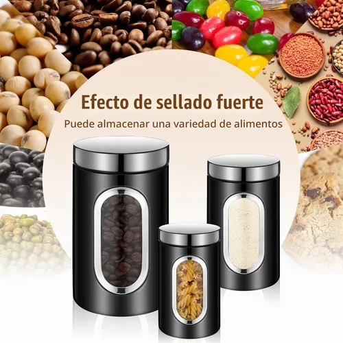 Vista 5 de Maxdot Juego de 6 recipientes negros para encimera de cocina, té, café, azúcar, con ventana transparente, tarro de café, contenedor de azúcar