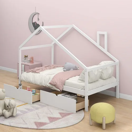 Vista 11 de Cama de madera maciza tamaño individual con techo, nido, 3 cajones de almacenamiento, sofá cama de plataforma para muebles de dormitorio, sala