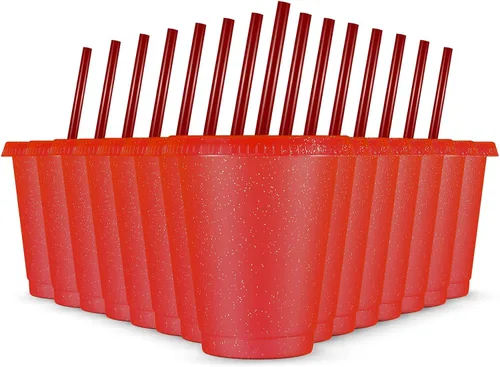Vista 8 de Rtteri 15 vasos reutilizables con popotes y tapas, vasos de plástico con purpurina de 16 onzas, vasos de plástico para recuerdos de fiesta con Negro