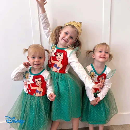 Vista 3 de Disney Frozen Elsa Princess Cenicienta Ariel Jasmine Rapunzel Vestido para bebéniño pequeño, vestido de tul superpuesto de malla con volantes