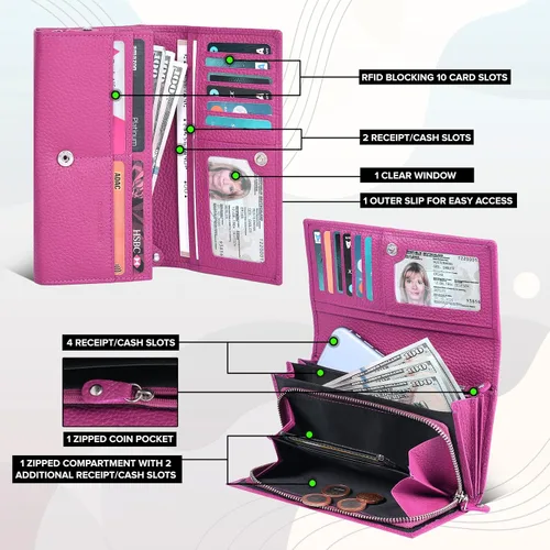 Vista 3 de NeoMonte Billeteras de cuero para mujer - Cartera de bloqueo RFID con 10 ranuras para tarjetas de crédito (fucsia)
