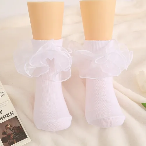 Vista 6 de 2 pares de calcetines con volantes de encaje doble para niñas, calcetines de encaje blanco princesa para niñas pequeñas