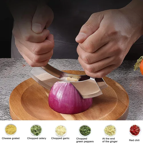 Vista 2 de Picador de ensalada con tabla de cortar redonda de madera, cuchillo Mezzaluna con cubierta protectora y mango antideslizante, cortador de verduras