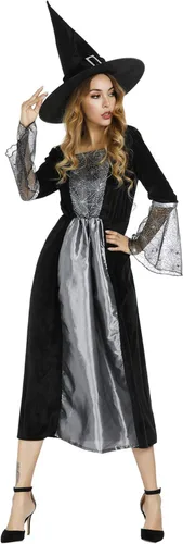 Vista 5 de Zhitunemi Disfraz de bruja para mujer, vestido de hechicera, sombrero de bruja malvada de araña, disfraces
