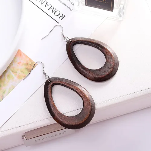 Vista 3 de 4 pares de pendientes geométricos de madera de madera con forma de lágrima de círculo redondo y pendientes de madera étnico natural de madera