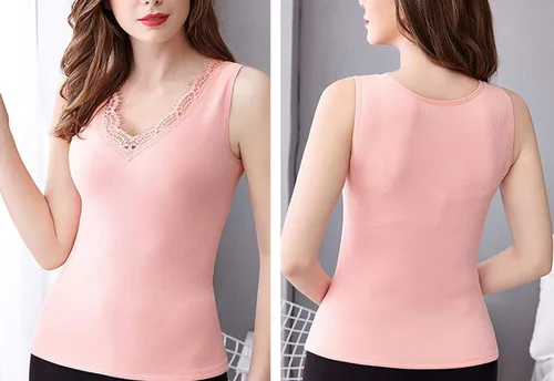 Vista 4 de Flygo Ropa interior térmica para mujer, camisas térmicas de encaje con forro polar y cuello en V