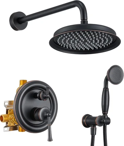 Vista 11 de Cabezal de ducha de lluvia con combo de mano, sistema de ducha dorado cepillado con válvula de presión de equilibrio, cabezal de ducha de 9 pulgadas