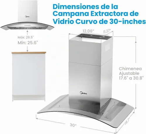 Vista 2 de Midea MVG30W8AST Campana extractora de ventilación de 30 pulgadas con conductos de montaje en pared con ventilador de escape de 450 CFM de 3